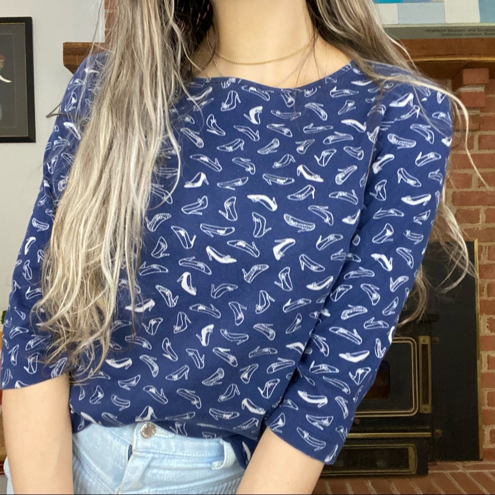 Y2K Shoe Print Paisley Stretch Soft 3/4 Sleeve Navy Pattern Scoop Neck T…